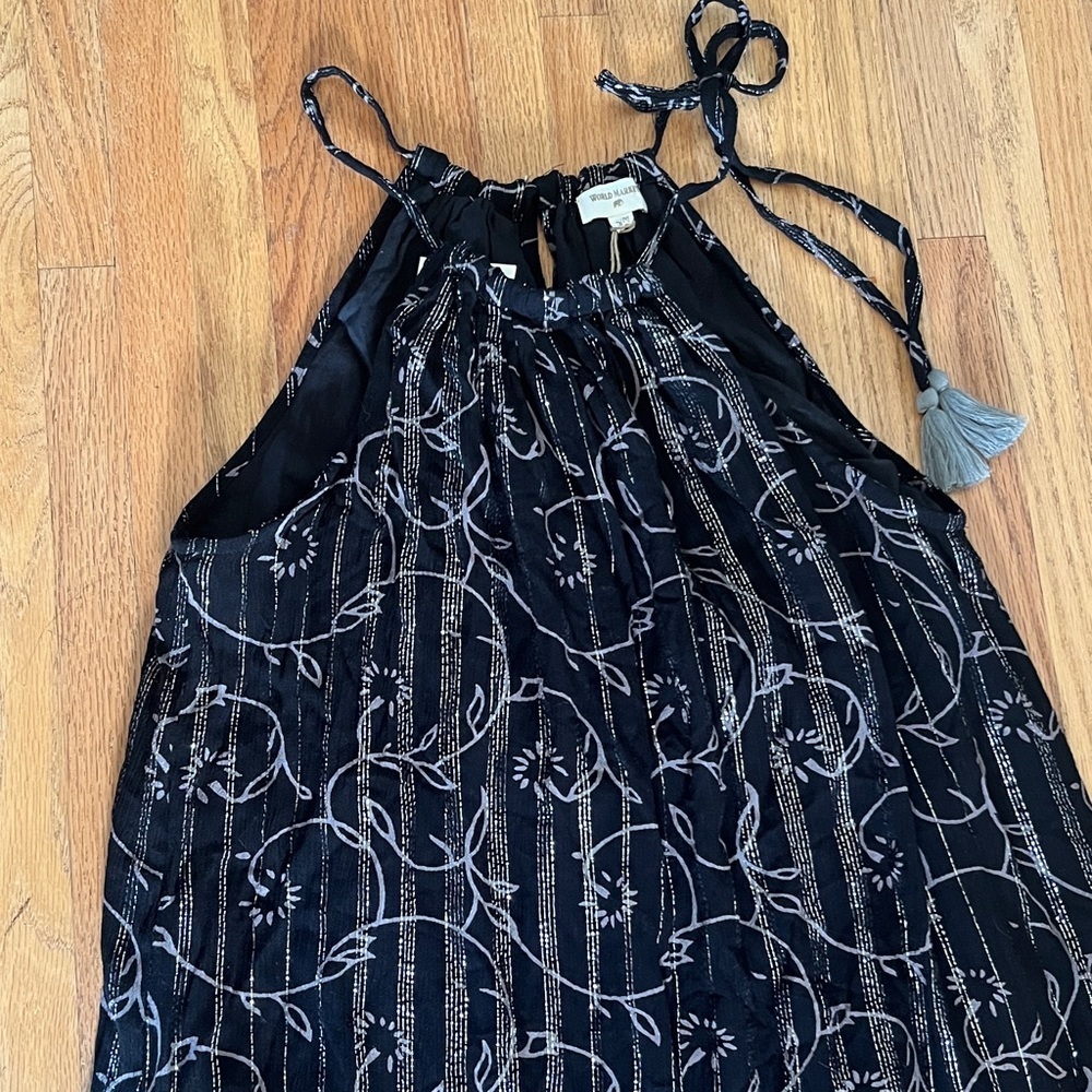 World Market Black and Silver Patterned Halter Maxi Dress S/M - Picture 2 of 4